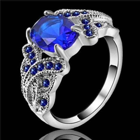 Blue Sapphire Zircon Lady's White Rhodium Plated Ring - Picture 2 of 2
